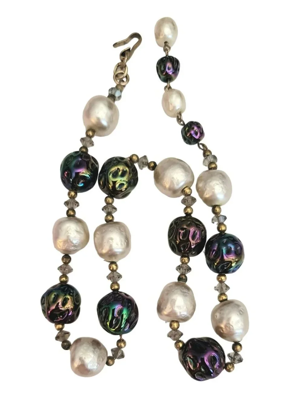 Peacock AB Art Glass, Hook Clasp, Faux Pearl Bead Necklace, 16.5 Inches M571